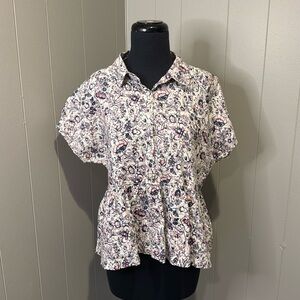 Z NWT Rachel Zoe Women’s Large floral top collared buttons pleated Ruffled Hem